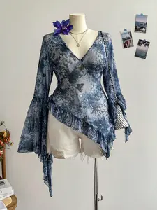 Women's Lightweight Breathable Butterfly Print Top, Blouse, Casual Everyday Tops, V Neck Flare Sleeve Asymmetric Hem , Casual Fashion Shirt, Long Sleeve
