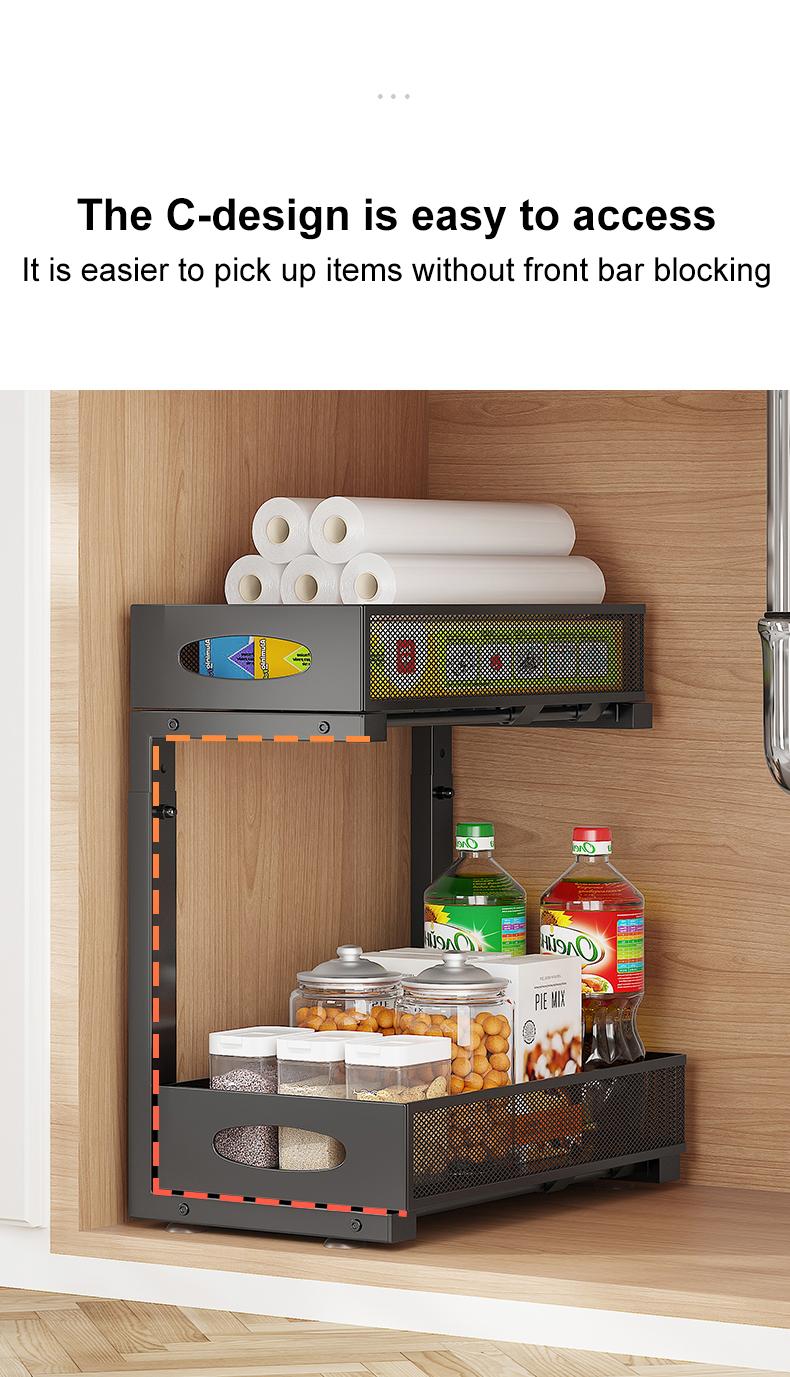 2 Pack Under Sink Organizer,Adjustable Height,2 Tier Pull Out Under Cabinet Organizer,Slide Out Thickened Metal Under Sink Storage for Kitchen Bathroom Laundry Cabinet Pantry,White,black Shelf Rack Racks