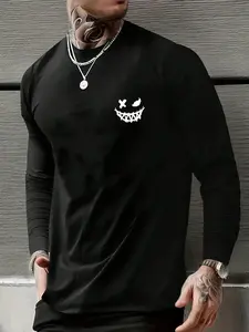 Men's lightweight long-sleeve T-shirt for spring and autumn, featuring a trendy smiley face print, stylish and casual, perfect for sports and outdoor activities. Available in black, suitable as a gift for husband or boyfriend.