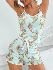 Women's 2-Piece Ditsy Floral Print Cami and Rolled Hem Shorts Pajama Set, Elegant and Comfortable, Soft Fabric, Ideal for Home Wear