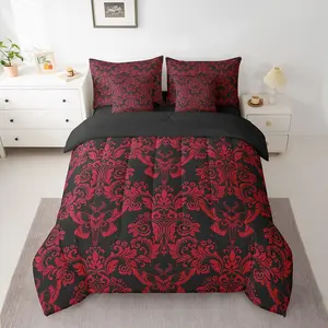 Feelyou Adults 7-Piece Red Vintage Damask Pattern Bedding Set - Oriental Antique Microfiber Comforter Set, Gothic Bohemian Theme Decorative Bed in A Bag with Skull & Floral Accents
