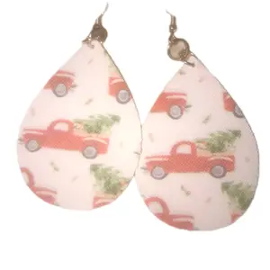 Red truck Christmas tree faux leather earrings