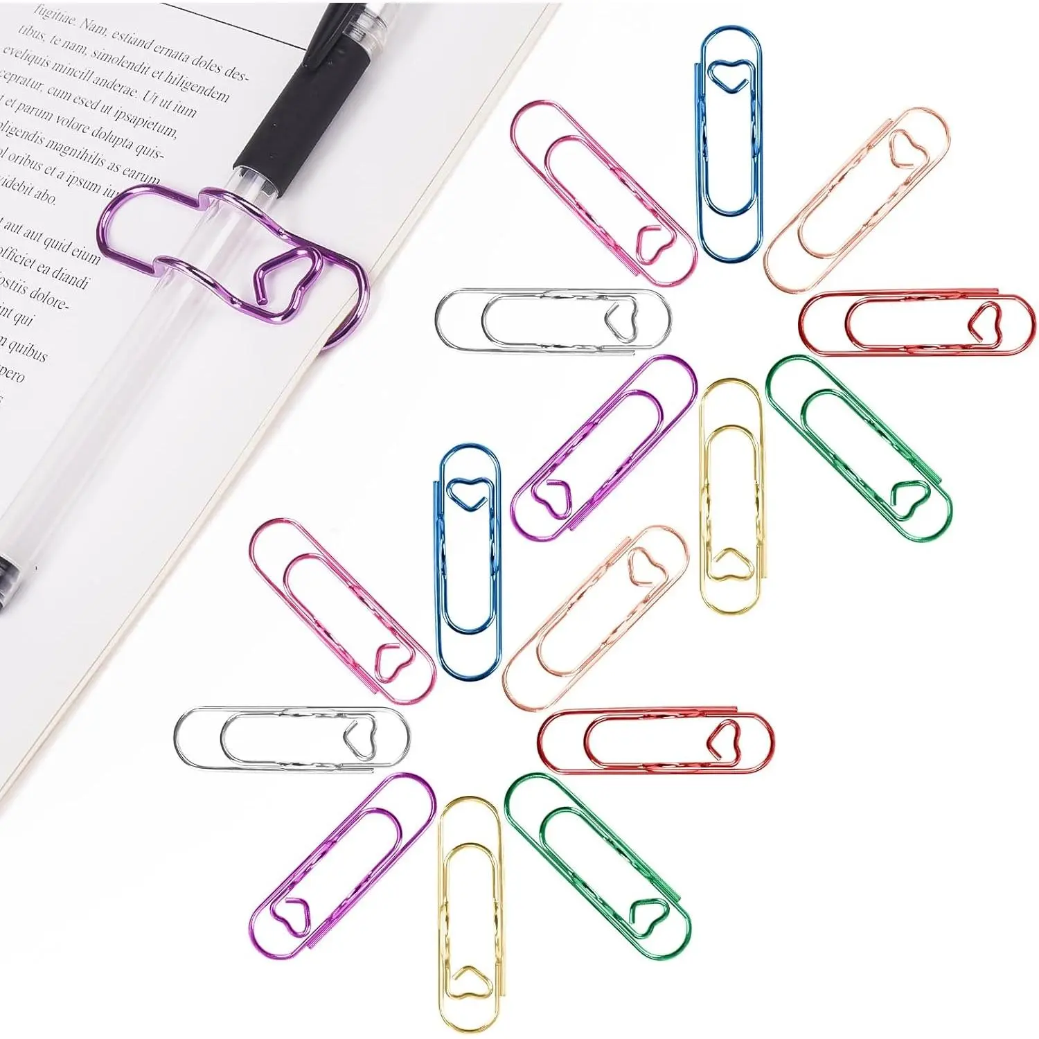16 Pack  Paperclip Pen Holder for Notebook, Professional Heart Paper Clips Organizer, Multi-Purpose Metal Paper Clip Pen Holder,  Colors &Easy to Use for Students, Office & School