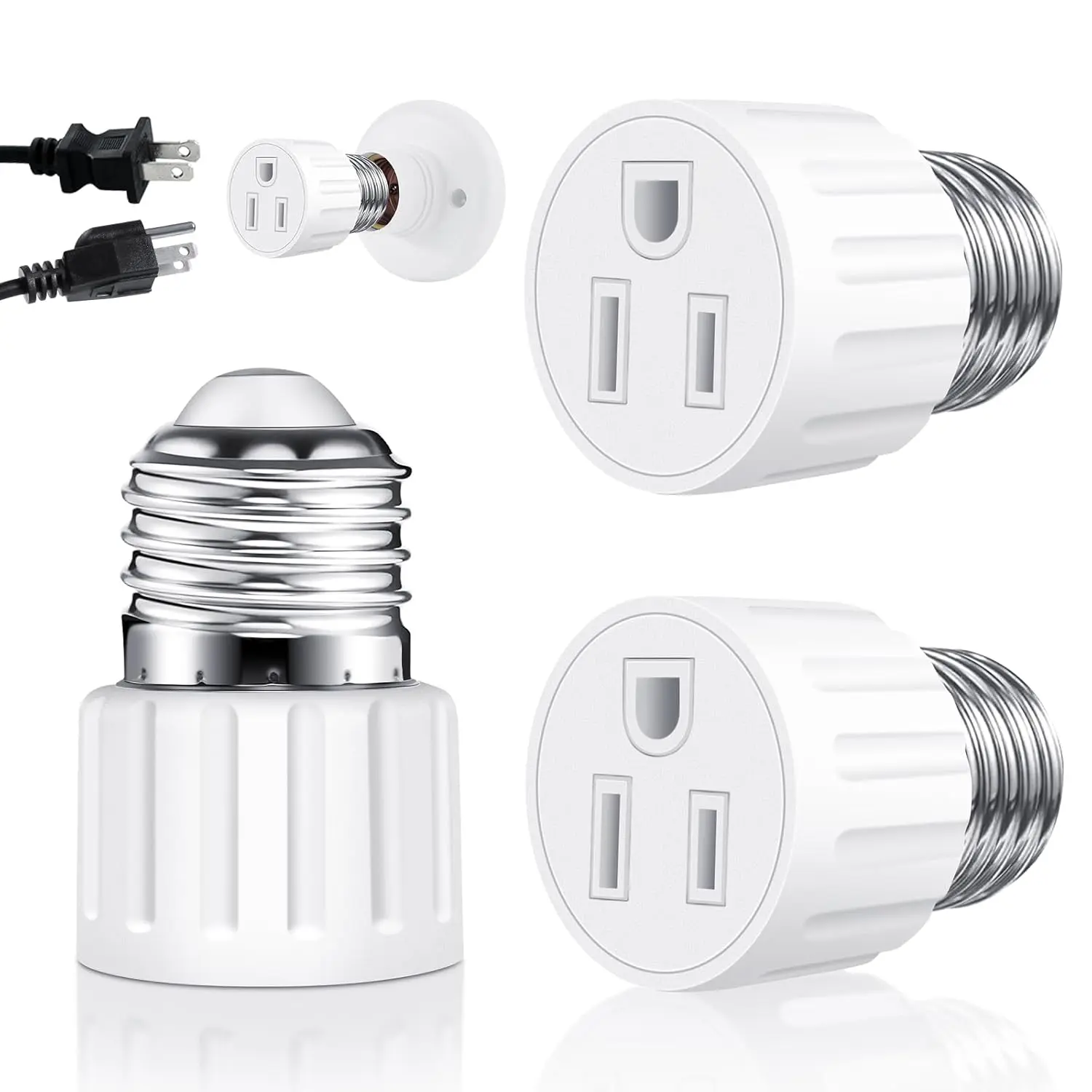 (2 Packs) 3 Prong Light Socket to Plug Adapter, E26 E27 Light Socket Outlet Adapter Polarized Light Bulb Plug Adapter, Stability Performance & Professional Materials Light Bulb Adapter (White)