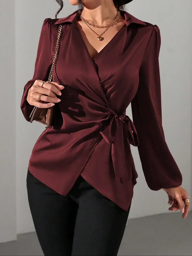 Women's Solid Color Satin Long Sleeve Shirt Blouse with Side Tie and Bubble Sleeves, Stylish and Versatile Top for All Occasions