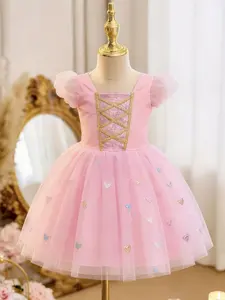 Pink Heart Sequin Tutu Dress | Girls Birthday Party Gown