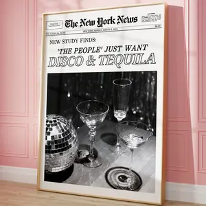 Disco & Tequila Print Poster No Frame, Newspaper Print, New York News Poster, Trendy Disco Wall Art, Newsprint | Bar Cart art, Retro Poster