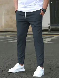 Men's Solid Color Drawstring Waist Pants with Side Pockets, Casual Fitted Trousers for All Seasons, Comfortable Everyday Wear
