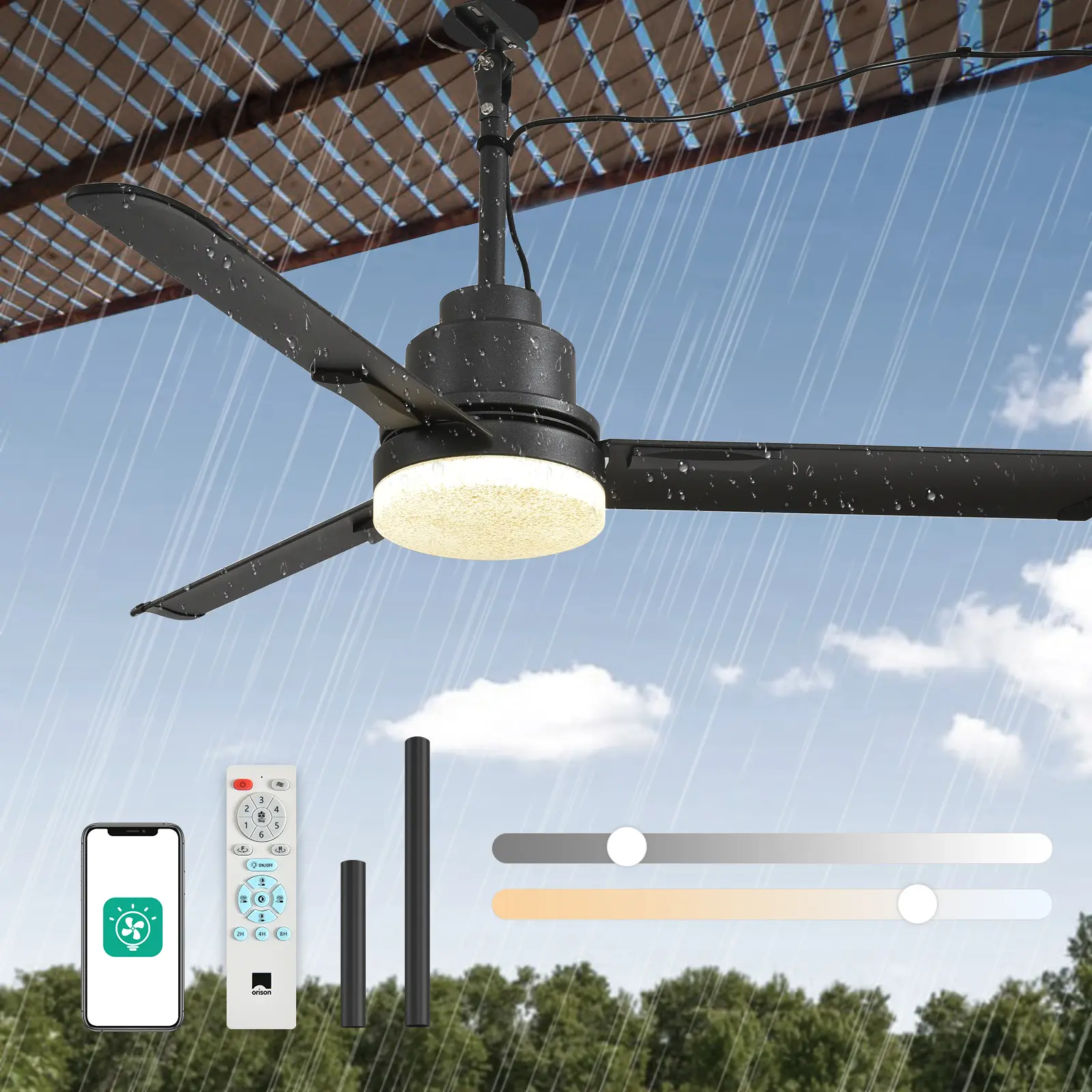 Orison 52" Outdoor Ceiling Fans with Lights and Remote Control,IP65 Wet Rated Waterproof Ceiling Fan with 6-Speed DC Motor, Farmhouse Gazebo Fan for Porch Patios Pavilion