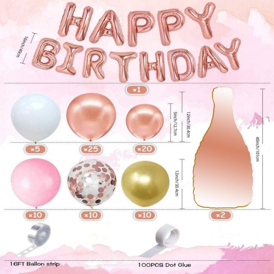 Rose Gold Champagne Bottle Balloon Garland Arch Kit - 120pcs Rose Gold & White Confetti Balloons with Happy Birthday Banner for 18th/21st/30th/40th/50th/60th Birthday Party Decorations - Women's Milestone Celebration Decor