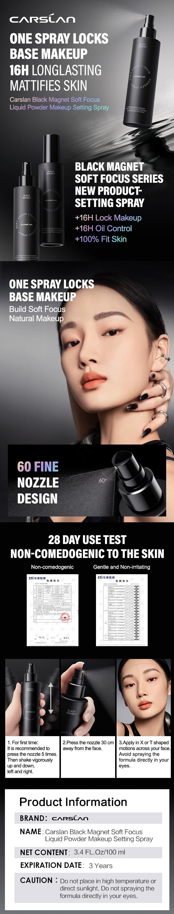 CARSLAN Black Magnet Liquid Powder Makeup Setting Spray, 16H Longlasting Oil Control Lock Face Makeup, Smudgeproof, Waterproof Finishing Spray, 100ml
