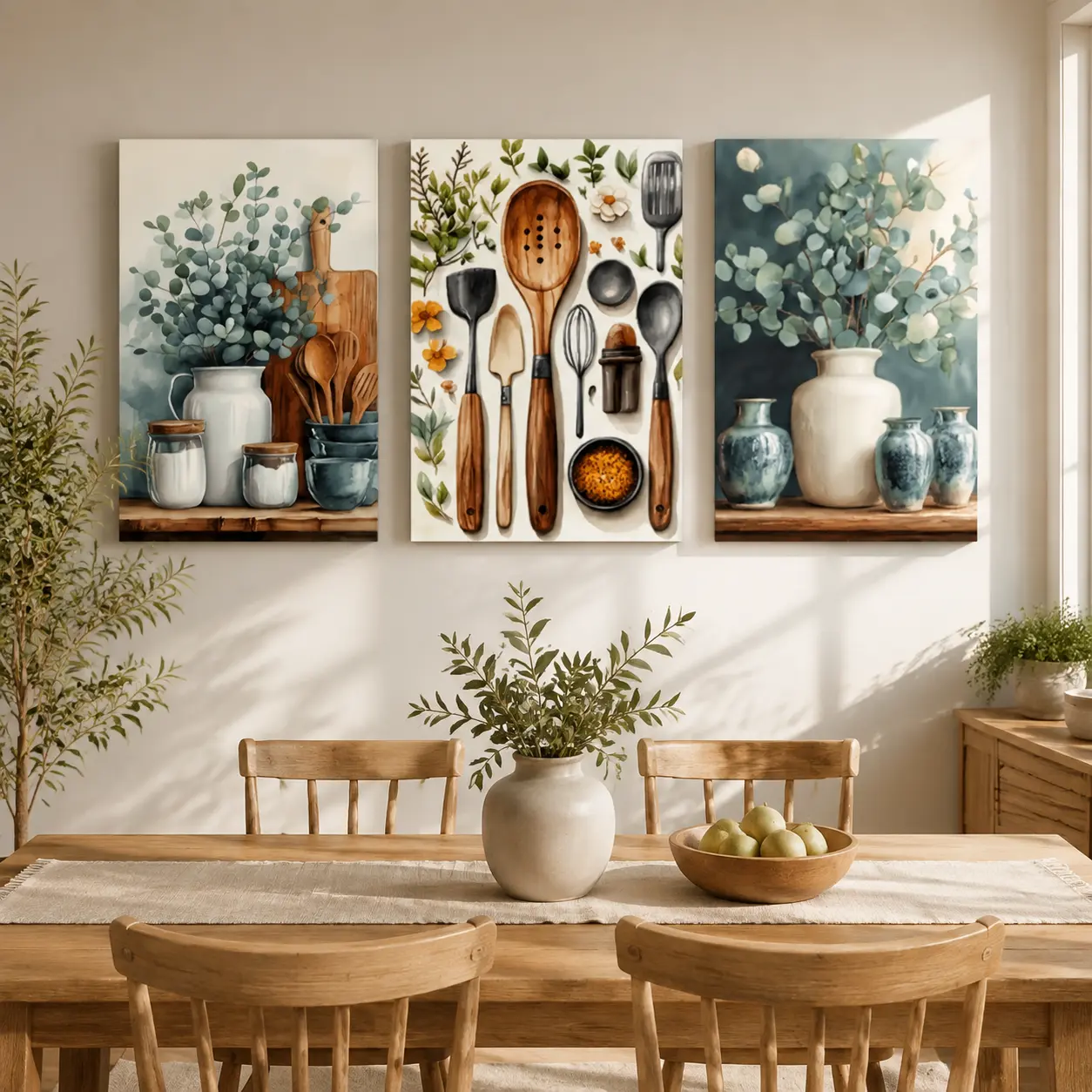 2D Printed Kitchen Wall Art Triptych Canvas, Botanical Cooking Artwork, Modern Farmhouse Decor for Kitchen Dining Room