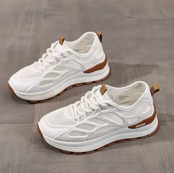 White hollow breathable mesh chunky sneakers brown rubber trim lug tread thick platform sole white laces women casual trainers summer street daily matching outfits