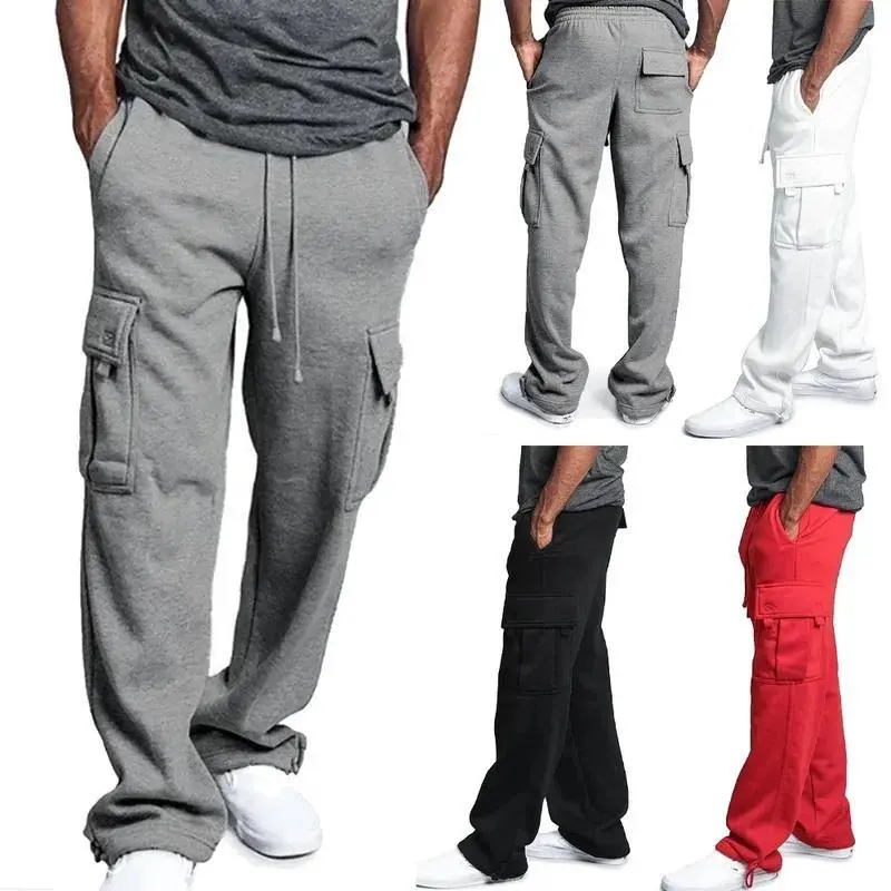 Men's Baggy Fleece Cargo Pants - Polyester Streetwear Joggers with Drawstring Waist and Multiple Pocket Detail, Menswear, Baggy Uncuffed Men's Pants, Pocket Detail Men's Pants