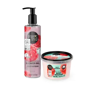 Organic Shop Sweet Raspberry Sense Boosting Body Cream & Shower Gel, 100% Vegan & Organic, Daily Moisturizer & Deep Nourishing Body Mousse, Hydrating Natural Lotion & Skin Toning.