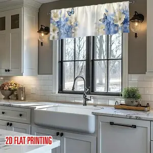 1pc Valance Curtain With Elegant Blue White Floral Butterfly Print - Window Drapes With Rod Pocket Design, 100% Polyester, Machine Washable - All-Season Use Home Decor - Short Curtain For Kitchen, Living Room, Bedroom, Bathroom