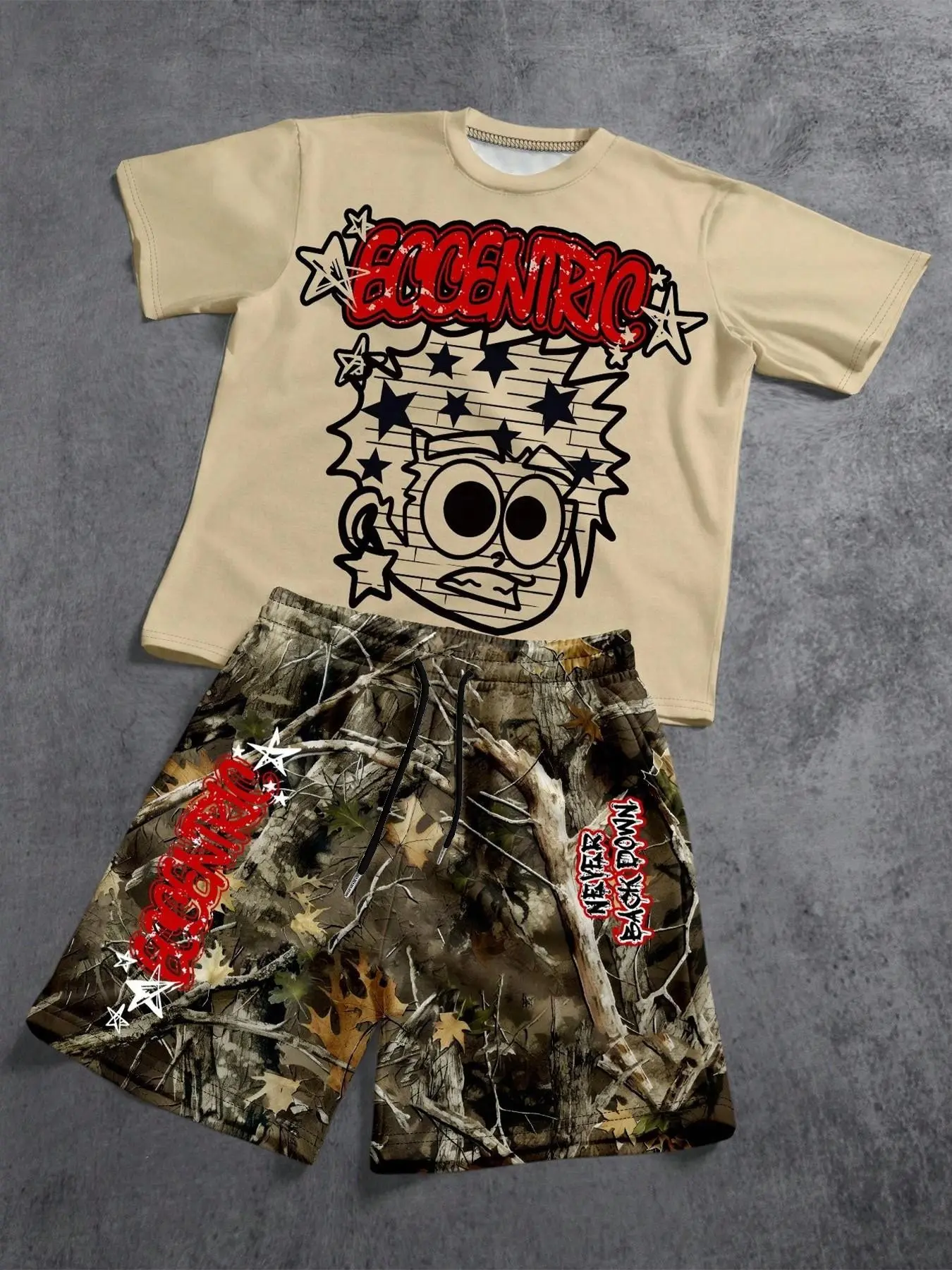 Streetwear Must-Have! Graffiti Camo Set, Graphic Tee Set, Camouflage Shorts Set, All-Over Print, Casual Fitted Suit, Menswear Round Neck Top, Perfect for Street Style Enthusiasts, High-Aesthetic Appeal