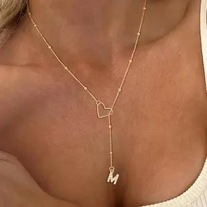 Women's initial heart necklace, 14k gold plated cubic zirconia pendant necklace, women's fashionable Y-shaped personalized gift necklace