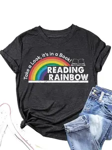 Reading Rainbow Shirt - Women's Casual Short Sleeve T-Shirt with Round Neck, Featuring Rainbow & Letter Print, Mother's Day Gift - Womenswear, Top