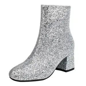 Womens Glitter Boots Sparkly High Heel Sequin Chunky Ankle Boots Round Toe Gold Shoes