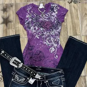 Women's Subculture Vintage Purple Print T-Shirt Summer Y2k American Retro Slim Tees Casual Harajuku Grunge Fashion Tops New