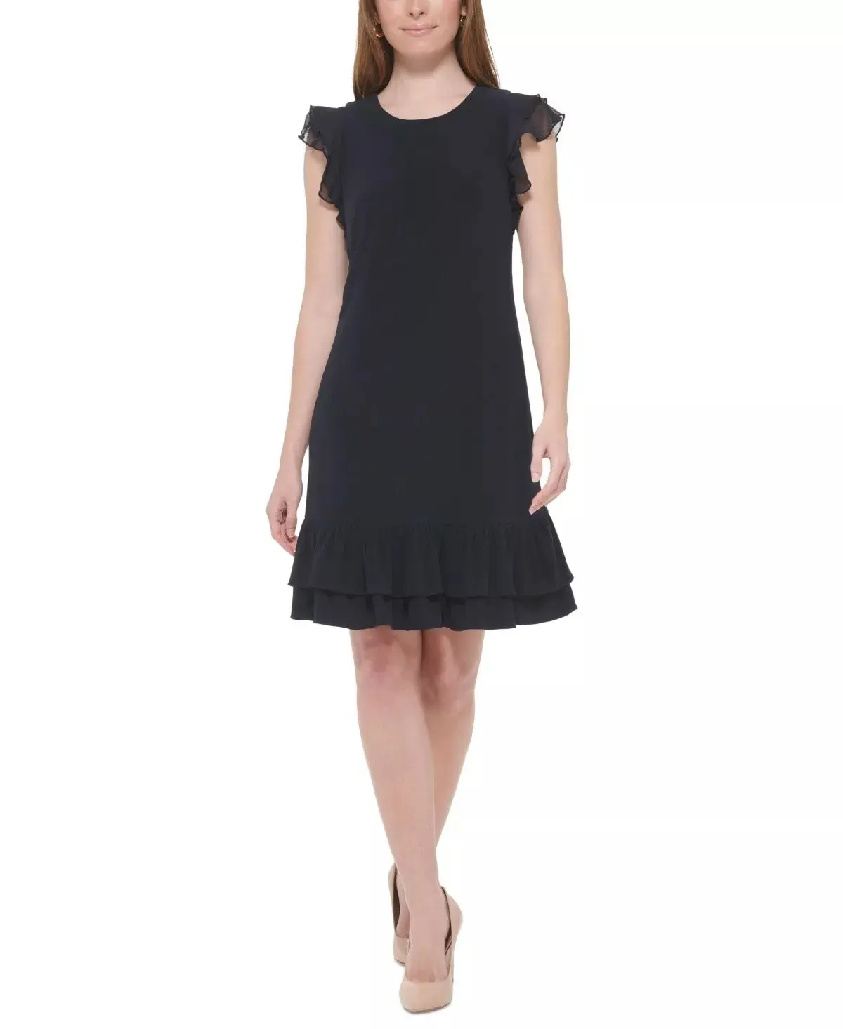 Tommy Hilfiger Womens Ruffled Tiered-Hem Dress, Sky Captain, Size 2