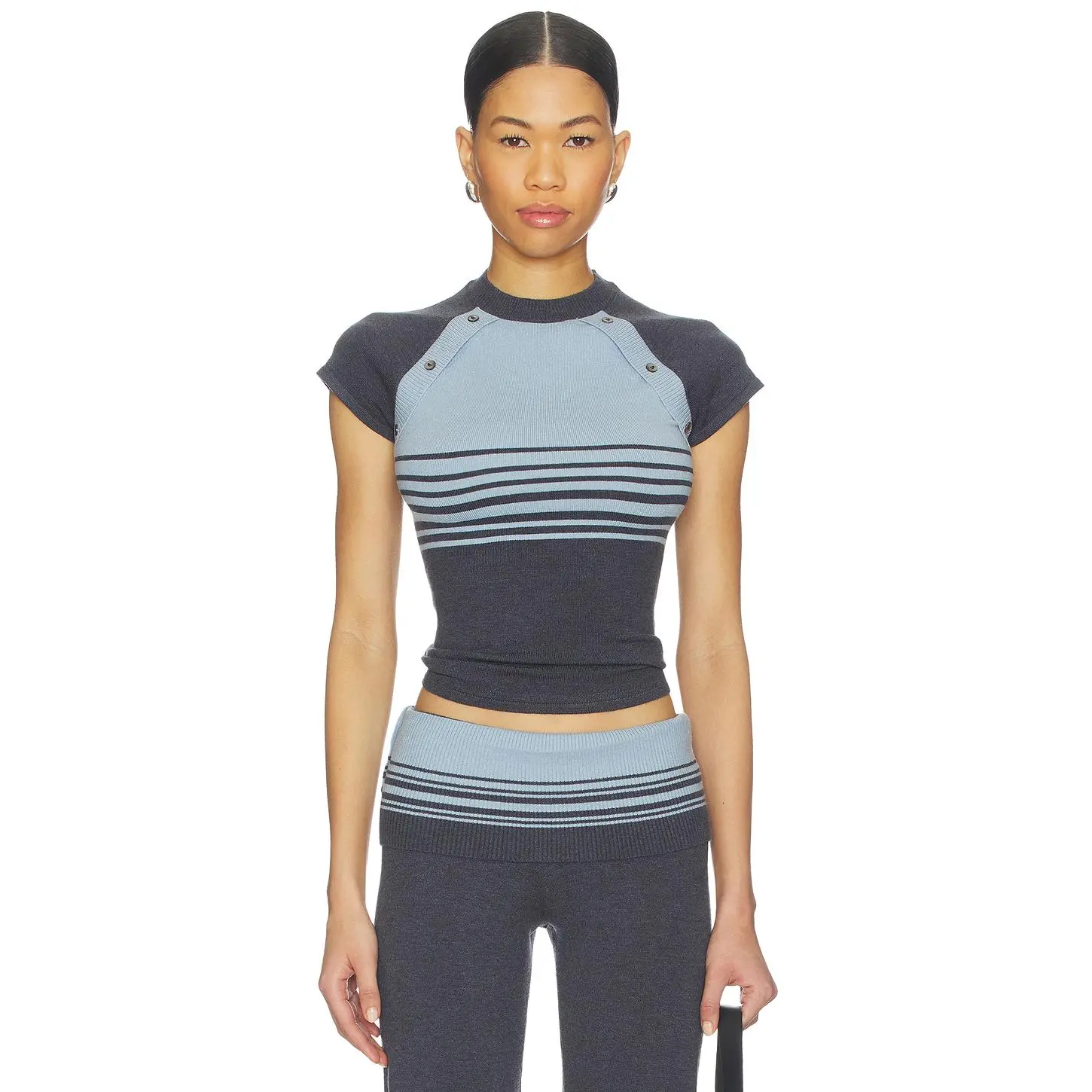 Frankies Bikinis Shore Cloud Knit Short Sleeve Top in Stone Stripe