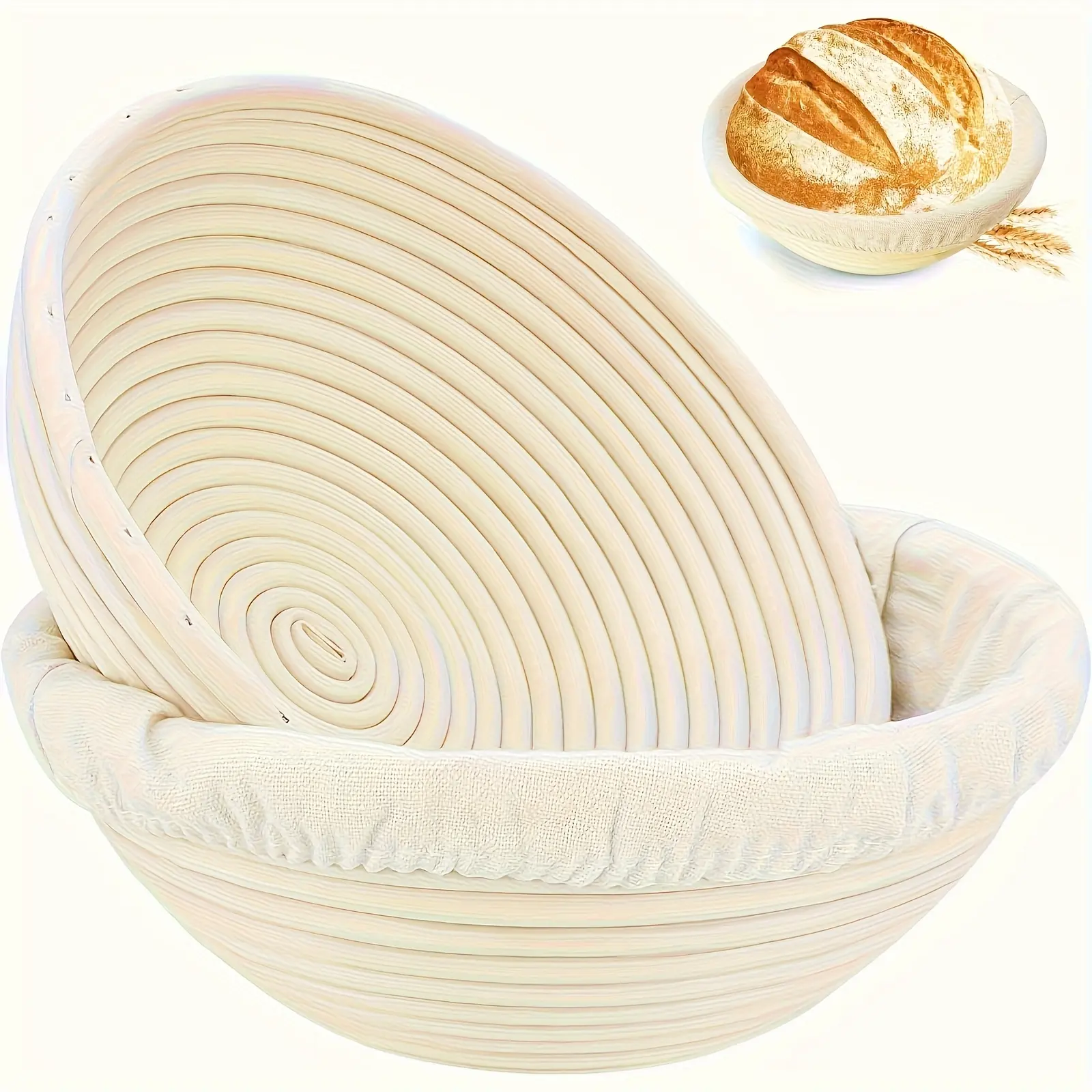 Set of 2 Round Proofing Baskets for Bread, 9 Inches in Size, Made from Handmade Rattan with Liners, Ideal for Sourdough