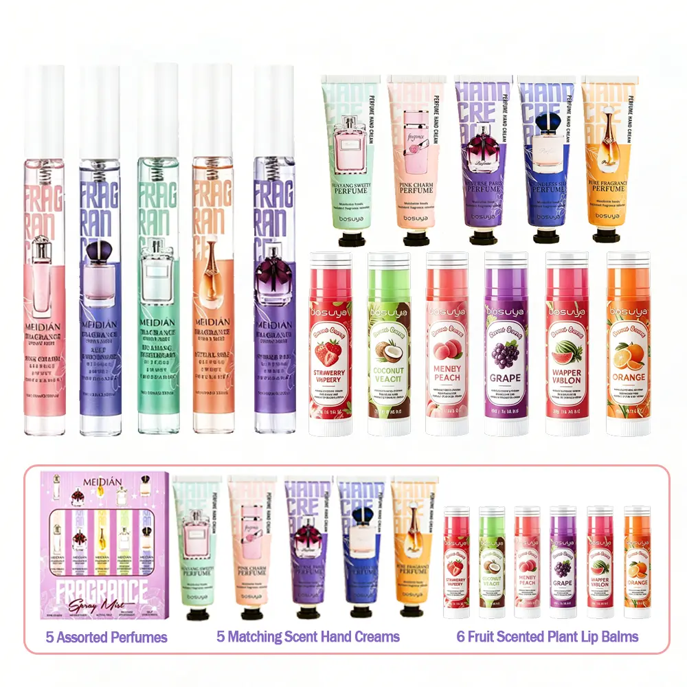 16Pcs Mini Perfume Gift Set, 5 x 10 mL Alcohol-Free Fragrance Sprays, 5 Scented Hand Creams and 6 Fruit Lip Balms, Unisex Travel Size Beauty Kit for Women, Teens, Moms and Daughters