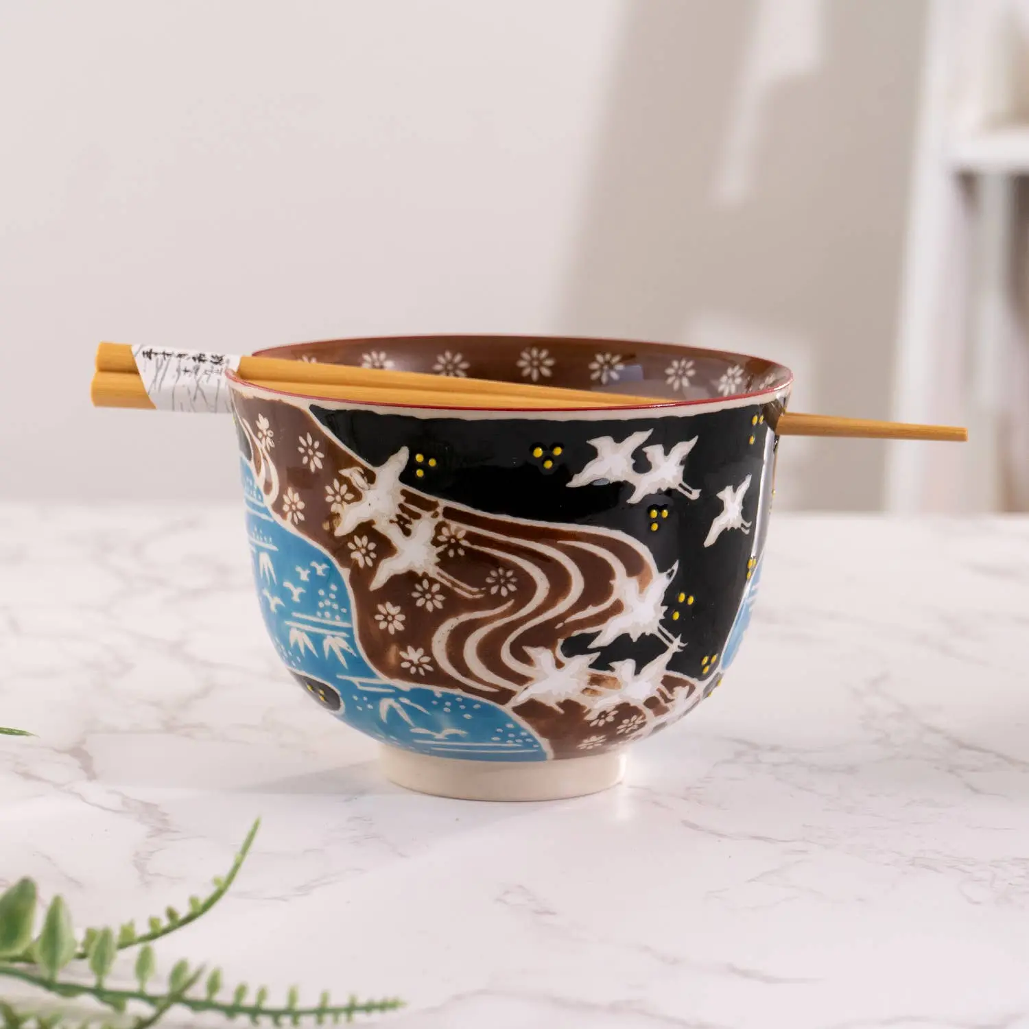 Japanese Crane Design 18oz 5.25"D Bowl With Chopsticks Set