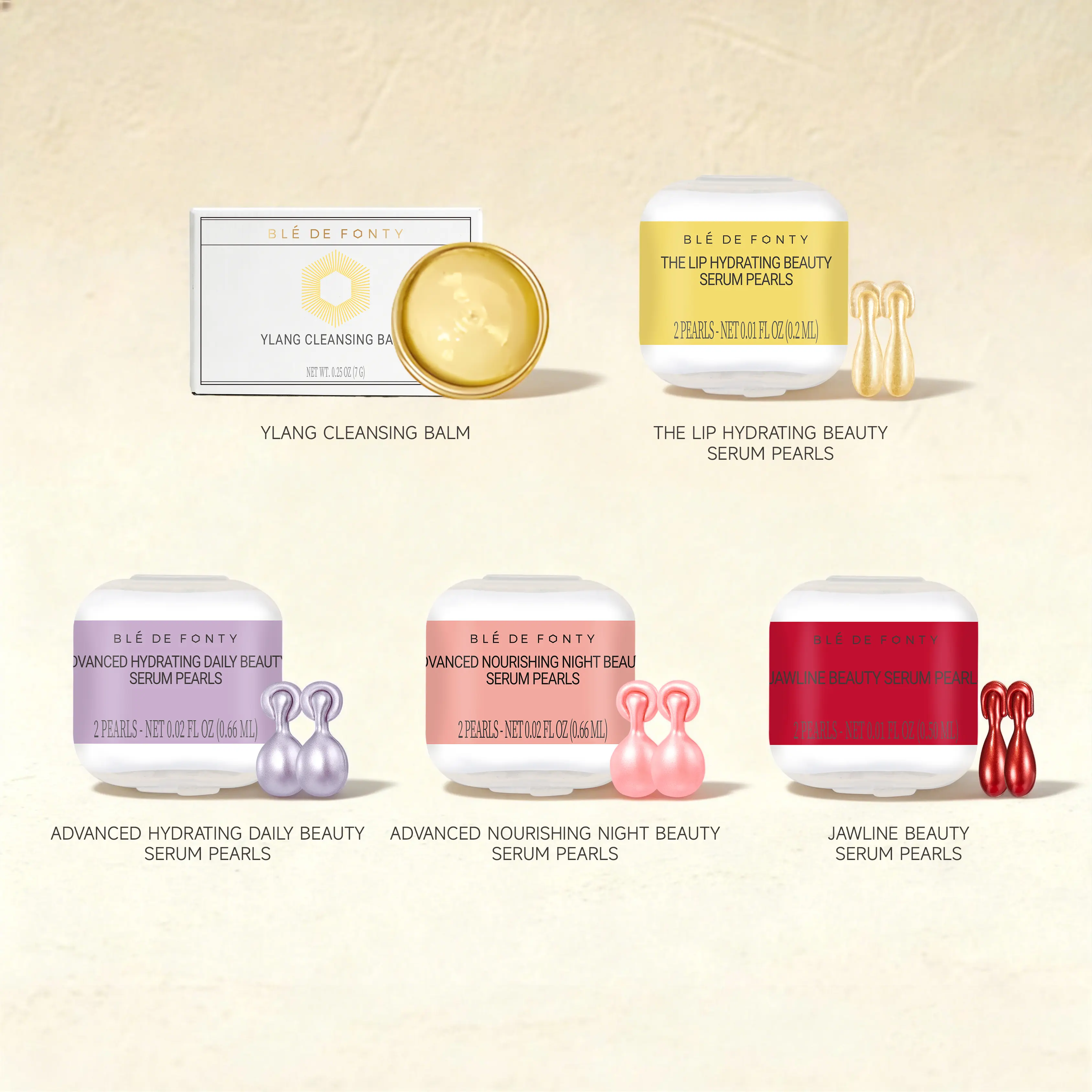 Blé de Fonty - Luxury Beauty Discovery Set - Face & Body Skincare Trial Kit with Ylang Cleansing Balm, Lip, Daily, Night, Jawline, Bust, Lower Body & Neck Serum Pearls