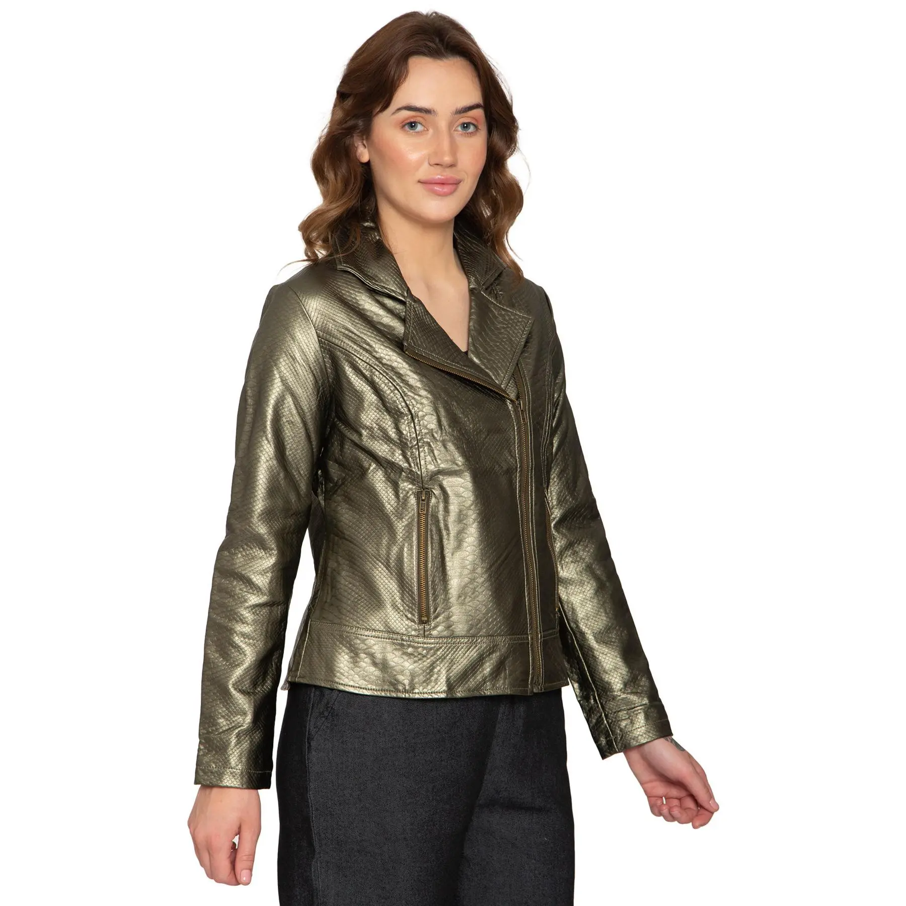 Women's Asymmetrical Zip Metallic Snake Pattern Moto Jacket