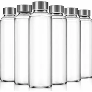 Clear Glass Bottles with Lids, 18oz Resuable Glass Water Bottles for Juicing with Stainless Steel Cap to store Milk, Smoothie, etc., 100% Leak Proof, Durable and Dishwasher Safe (Set of 6)