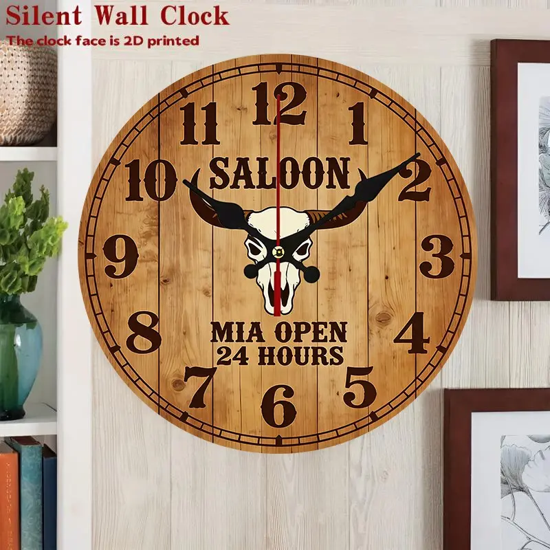 2D Flat, Decorative Western Cowboy Tavern Wall Clock - 30cm Round Wooden Circle, Silent Mechanism, Battery Powered (AA), Home, Office, Bedroom Gift Idea - Suitable for Valentine's Day, Mother's Day, Cowboy Theme Decoration|Durable