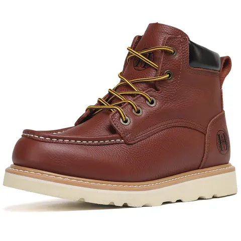 Men's 6" Soft Toe Slip Resistant Wedge Moc Toe Durable Work Boots, Brown, 303