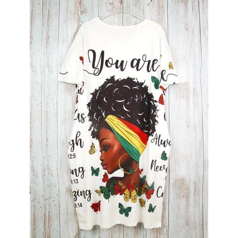 African American Style Plus Size Dress - Cartoon Portrait & Butterfly Print, V-Neck with 2 Pockets, Casual Wear for Women African American Style Plus Size Dress - Cartoon Portrait & Butterfly Print, V-Neck with 2 Pockets, Casual Wear for Women