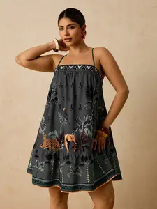 Plus Size Tropical Plant Print Sleeveless Short Dress, Casual Vacation Wear, Summer Fashion, Comfortable and Stylish