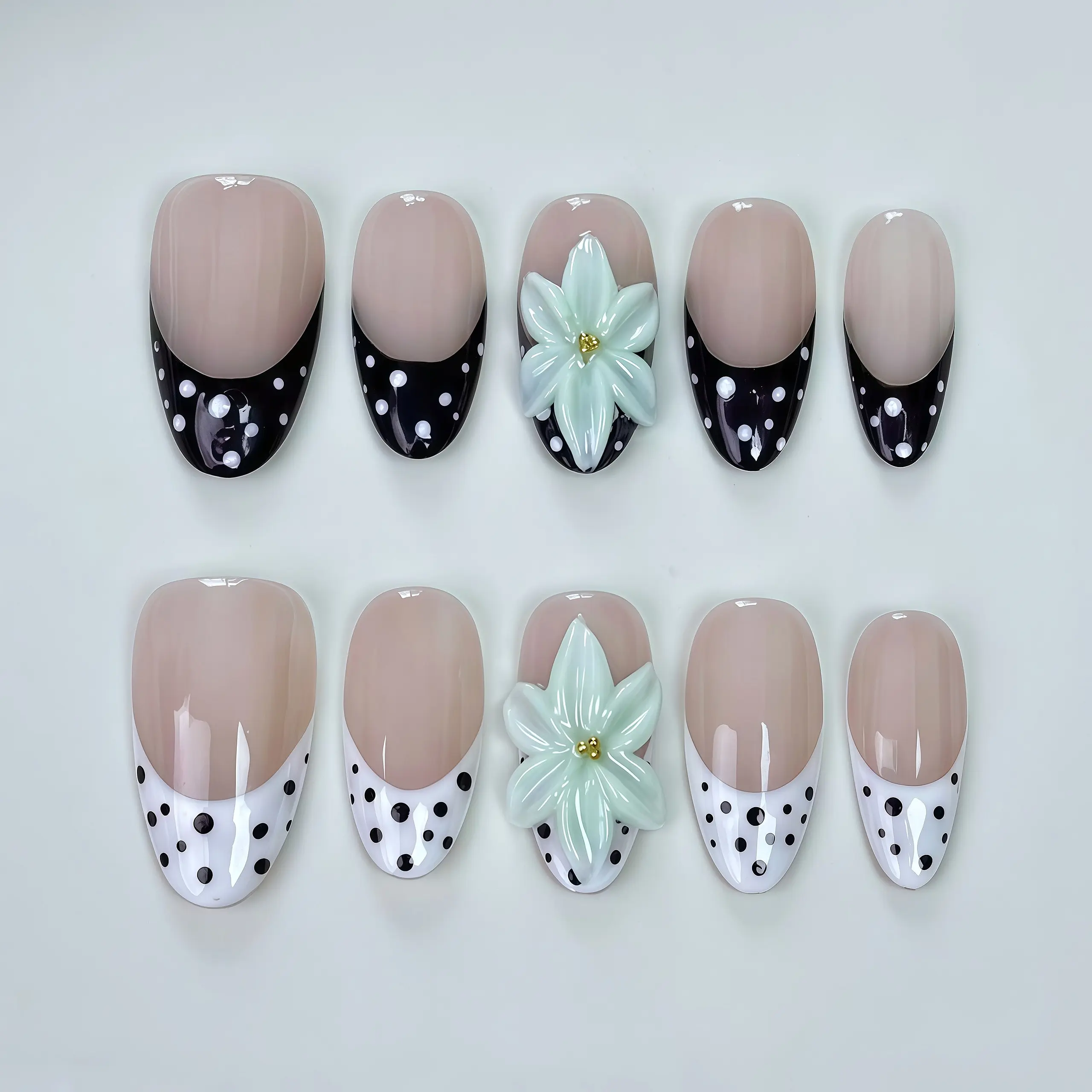 T79 Handmade Multi Colored Press-on Nails - Engraved French Tip, Leopard Print, Cream Polka Dot Wearable Nail Art for Everyday Use or Holiday Gifting (Beauty & Personal Care Accessory), Multi Colored Nails