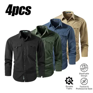 Pack of 4. Men’s tactical quick-dry long-sleeve shirt for spring/autumn, featuring multiple pockets, stretch fabric, outdoor casual design—ideal for hiking and travel.Summervibes