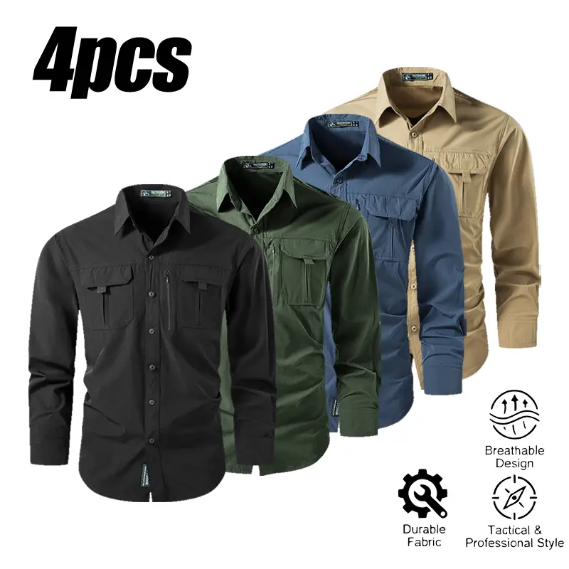 Pack of 4. Men’s tactical quick-dry long-sleeve shirt for spring/autumn, featuring multiple pockets, stretch fabric, outdoor casual design—ideal for hiking and travel.Summervibes
