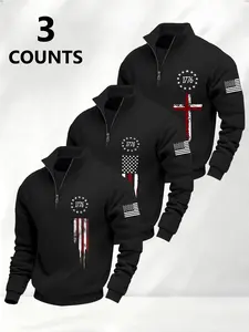 Men's 3-Piece Fashion Flag Cross Pattern Half-Zip Sweater, Fleece Lined, Casual Polyester Knitwear, Fall & Winter Warm, Outdoor Activities
