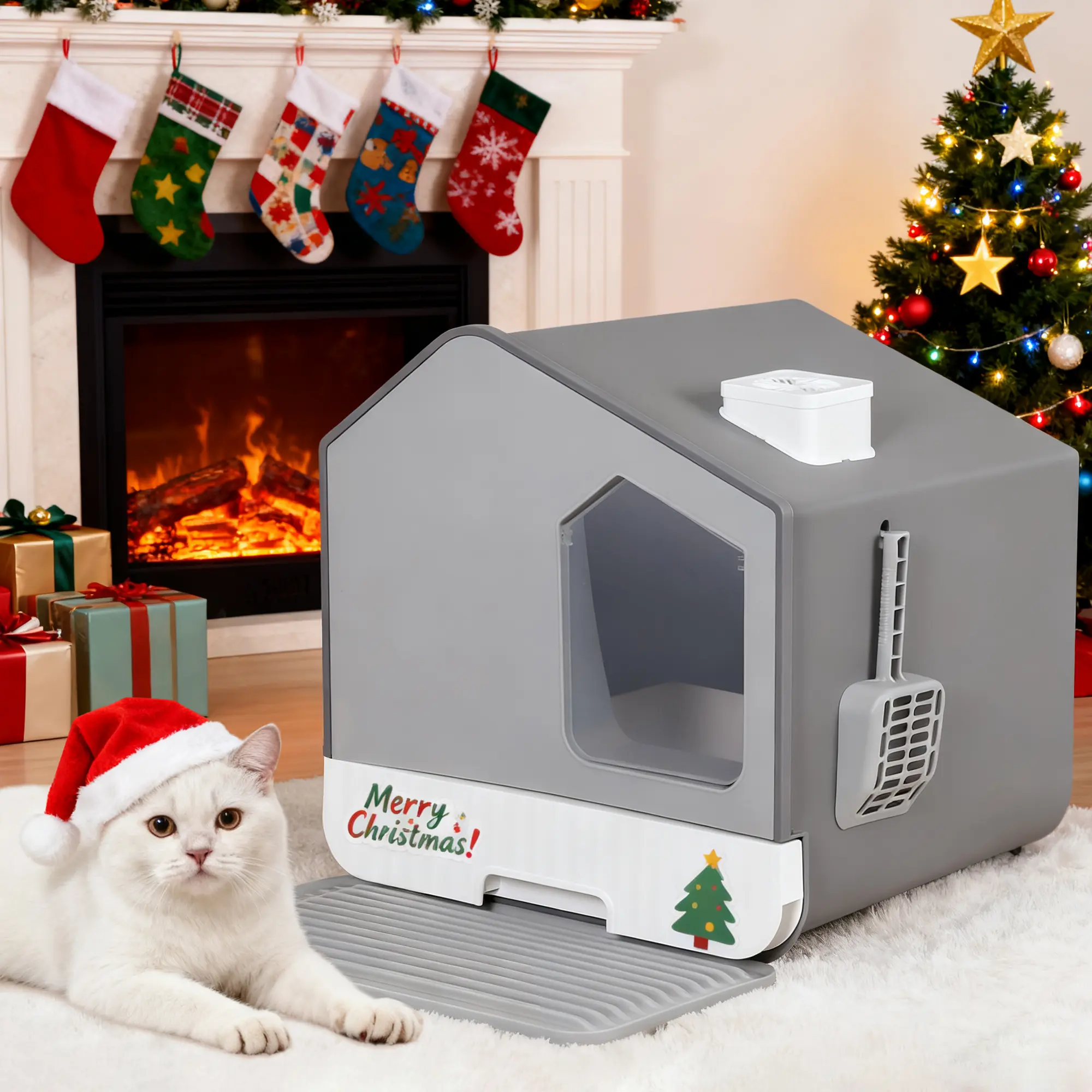 NOVA Odorless Polyethylene Litter Box Cabinet with Side Scoop, Mat, Detachable Tray - Airy Chimney Top, Odor Control, Mat Keeps Floors, Easy Cleaning, Privacy, Easy Access, Stress Relief, 15.7in L x 17in W x 17.7in H Small Cat House, Enclosed Litter Box