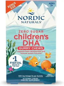 Nordic Naturals Zero Sugar Children’s DHA Gummy Chews, Tropical Punch - 45 Gummy Chews for Kids - 600 mg Total Omega-3s - Brain Development, Learning, Healthy Immunity - Non-GMO - 45 Servings
