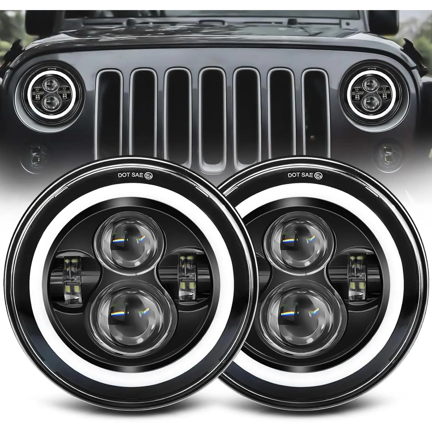 7 inch led Headlight Round 2pc Projector 7 inch Halo led Headlight H6024 DOT Approved Hi/Lo Beam DRL Amber Turn Signal Compatible with Jeep Wrangler JK TJ CJ Compatible with Chevy and miata, Led Headlamps