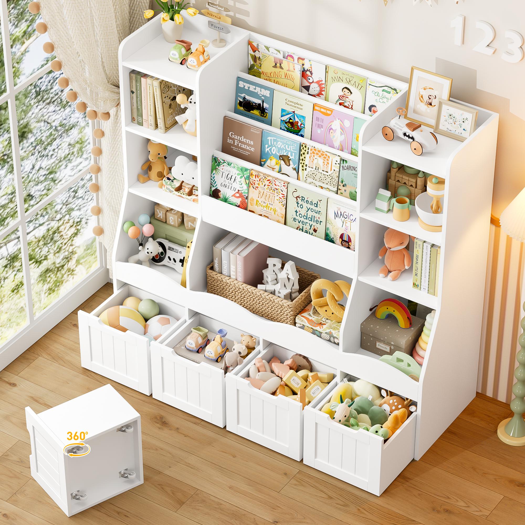 FOTOSOK Storage Organizer,  Bookshelf Book Shelf for Room with 4 Movable Drawers and 7 Storage Cubbies