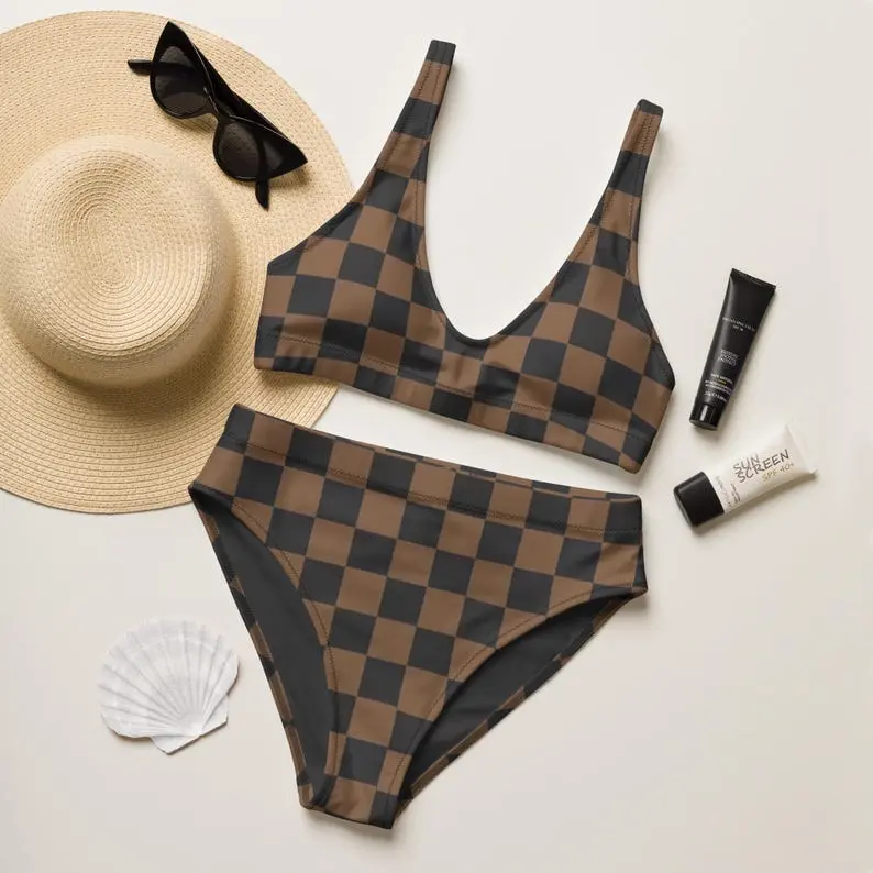 Black and Brown Checkered Bikini Set, Retro Swimsuit, Women's Bathing Suit, High Waisted Bikini Set, Two piece Swimsuit