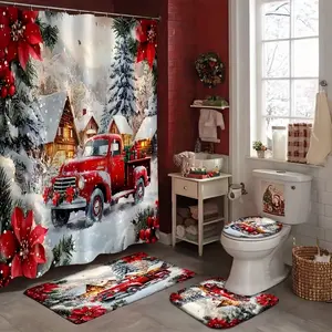 Christmas Town and Truck Design Shower Curtain Set, Non-Slip Mat, U-Shaped Rug, Toilet Lid Cover, Perfect for Bathroom Decor, Includes 12 Hooks