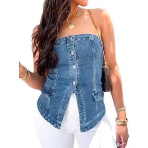 Womens Strapless Denim Vest Summer Button Down Jean Tube Tops Y2k Going Out Fitted Bandeau Shirts Waistcoat Womenswear Dress Essential Fashion Garment Baby Blue Basic Minimalist
