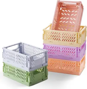 6-Pack Small Pastel Plastic Storage Baskets, Collapsible Crates for Organizing, Space-Saving Mini Bins for Classroom, Kitchen, Office, Bedroom (5.9" x 3.8" x 2.2")