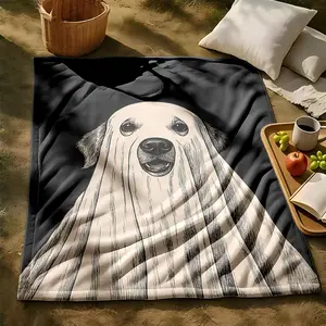 1 piece Cute dog dressed as a ghost costume themed flannel blanket - Oversized comfortable fluffy sofa blanket, suitable for beds and sofas, modern geometric pattern design, all-season multi-purpose use, digital printing, 100% polyester material
